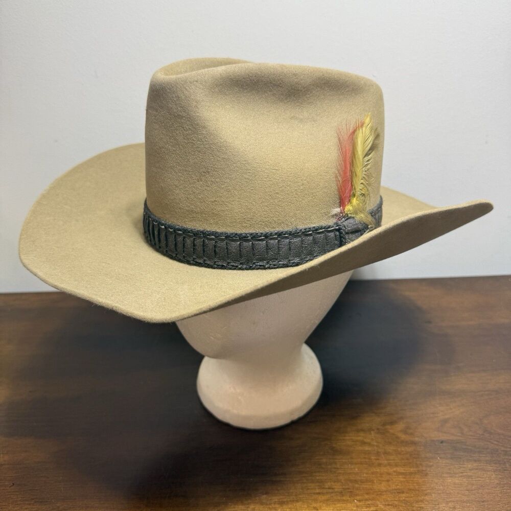 Vintage Stetson 4X Beaver Brown Western Cowboy Hat Feather John B Stetson 7 1/8